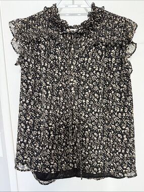 Pleione Black and Cream Floral Smocked Ruffle Blouse